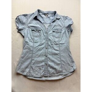Guess Women Medium Y2K 90s Denim Chambray Shirt Blouse Top Blue Short Sleeve